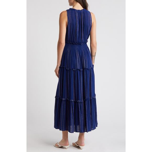 Rails Loulou Blue Noja Stripe Sleeveless Linen Blend Tiered Maxi Dress Sz Medium - Picture 2 of 12